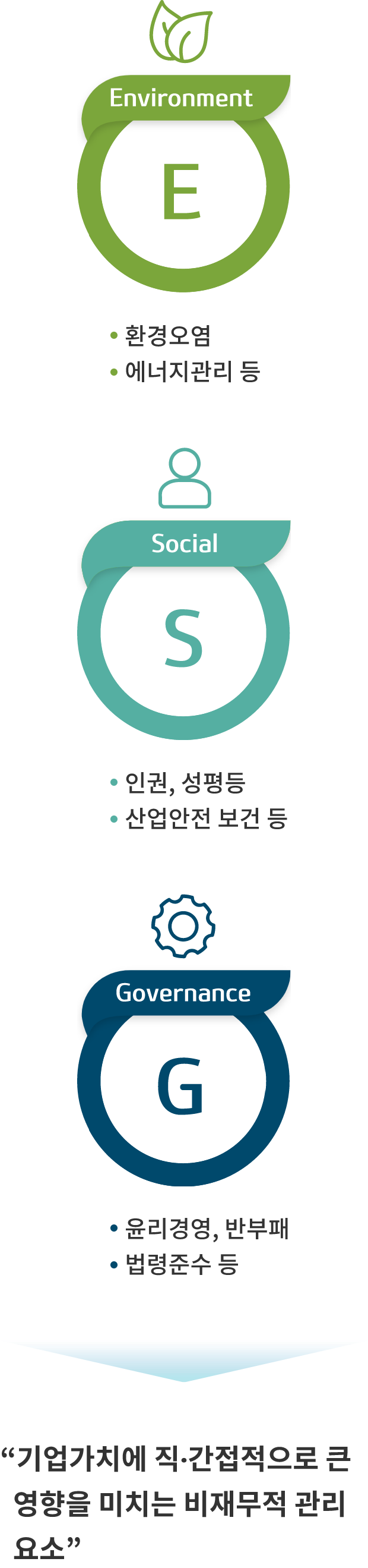 Environment(E) : 환경오염, 에너지 관리 등
Social(S) : 인권, 성평등, 산업안전 보건 등
Governance(G) : 윤리경영, 반부패, 법령준수 등