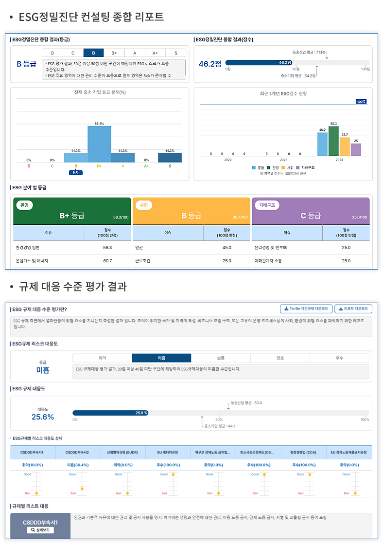 규제 리스크 대응도 보고서 예 : 규제 분석 화면 이미지,
              정량척도 지표 보고서 예 : 종합결과분석 화면